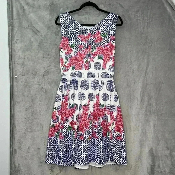 Talbot Mosaic Floral Sateen Fit & Flare Pink Blue Pleated Dress Knee Length Sz 8 - Picture 9 of 16